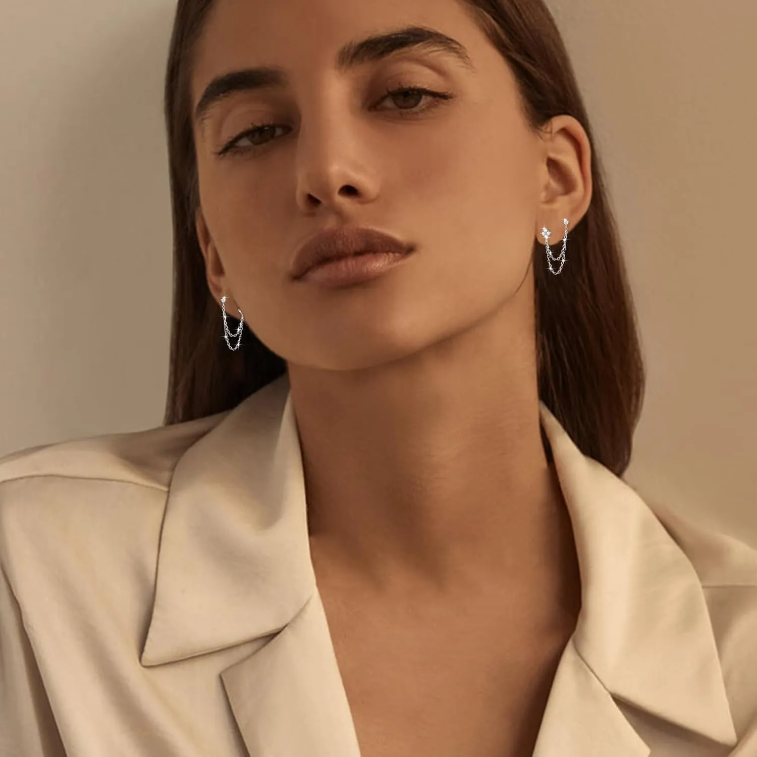 925 Sterling Silver Four Zircons Flower Stud Earrings For Women | Double Studs Chain Tassel Piercing Earring | Gold Plated Double Piercing Dangle Chain Earrings Jewelry Gifts for Women Girls