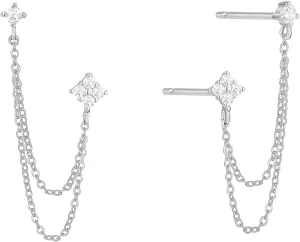 925 Sterling Silver Four Zircons Flower Stud Earrings For Women | Double Studs Chain Tassel Piercing Earring | Gold Plated Double Piercing Dangle Chain Earrings Jewelry Gifts for Women Girls