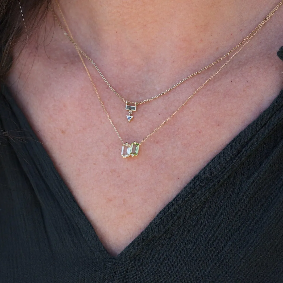 9k Yellow Gold Mini AZ Pendant - Green Tourmaline & Black Diamond