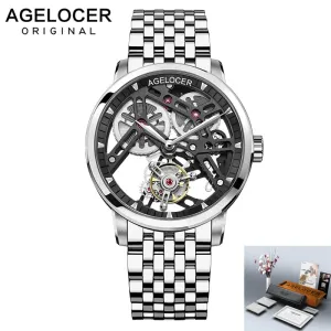 AGELOCER Men&#39;s Luxury Tourbillon Skeleton Mechanical Movement Watches Sapphire Wristwatch For Men steel montre bracelet homme