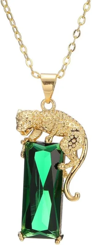 AILUOR 14K Gold Plated Green Crystal Leopard Pendant Necklace, Women Mens Hip Hop Punk Created Emerald Panther Necklace Jewelry