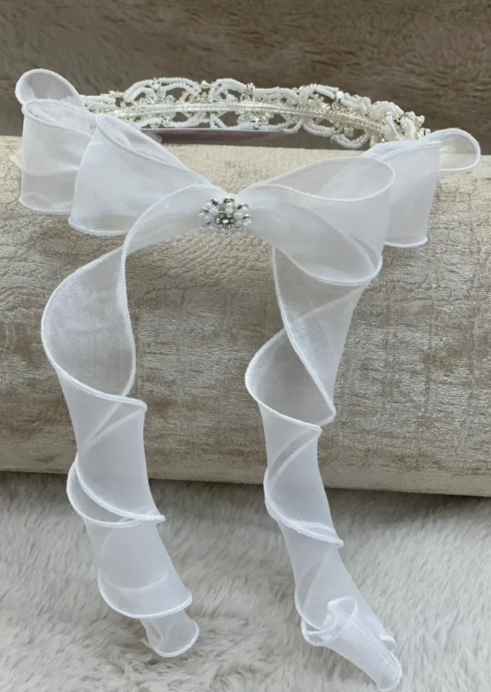 Anja's Dream Mother of Pearl and Rhinestone Crown With Organza Curls
