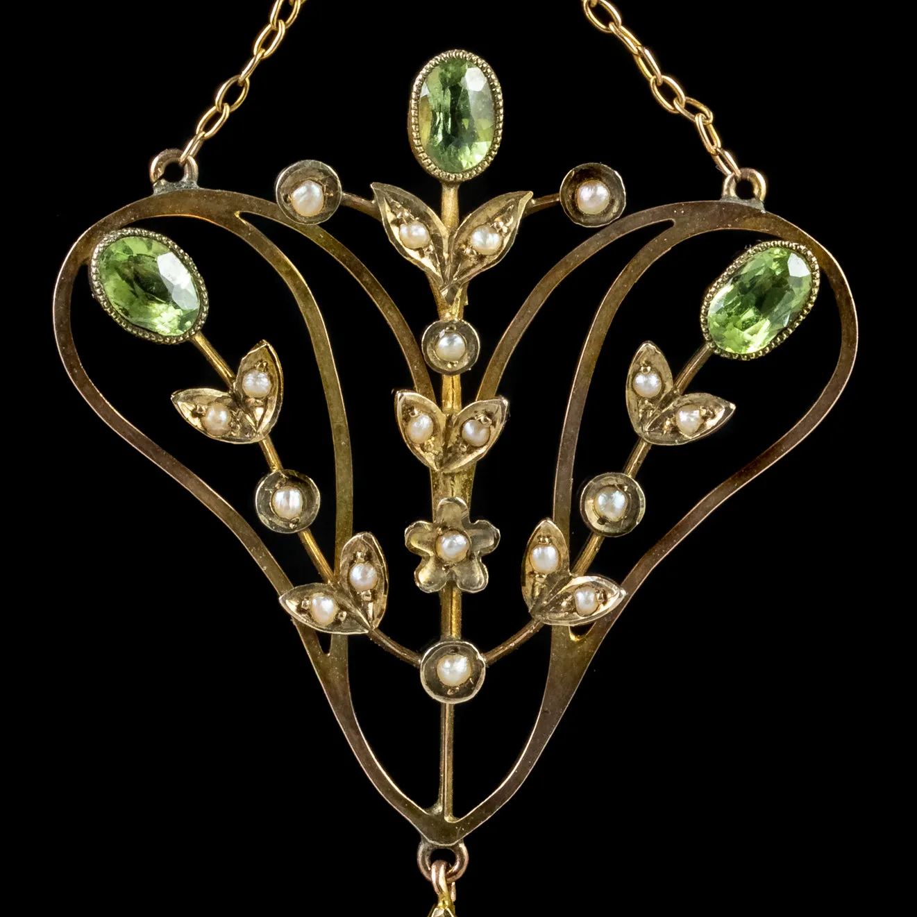 Antique Edwardian Floral Suffragette Pendant Lavaliere Necklace 9Ct Gold Circa 1910