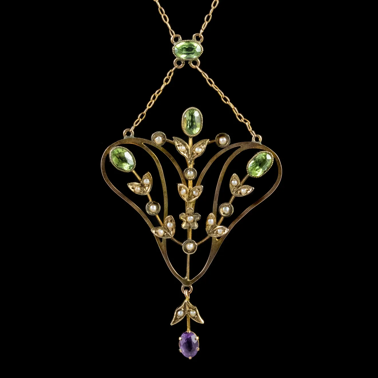 Antique Edwardian Floral Suffragette Pendant Lavaliere Necklace 9Ct Gold Circa 1910