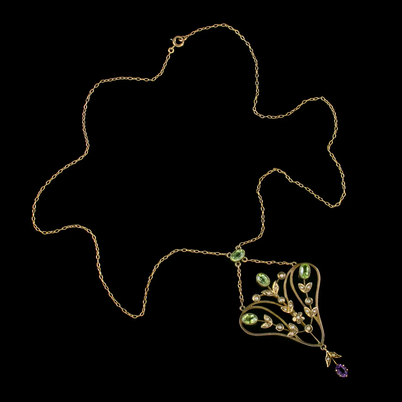 Antique Edwardian Floral Suffragette Pendant Lavaliere Necklace 9Ct Gold Circa 1910