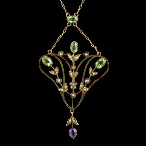 Antique Edwardian Floral Suffragette Pendant Lavaliere Necklace 9Ct Gold Circa 1910