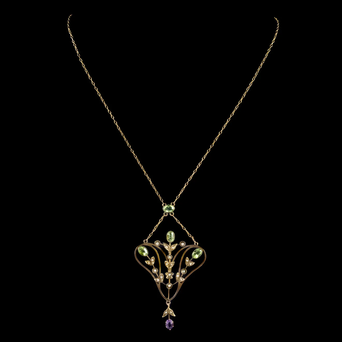 Antique Edwardian Floral Suffragette Pendant Lavaliere Necklace 9Ct Gold Circa 1910