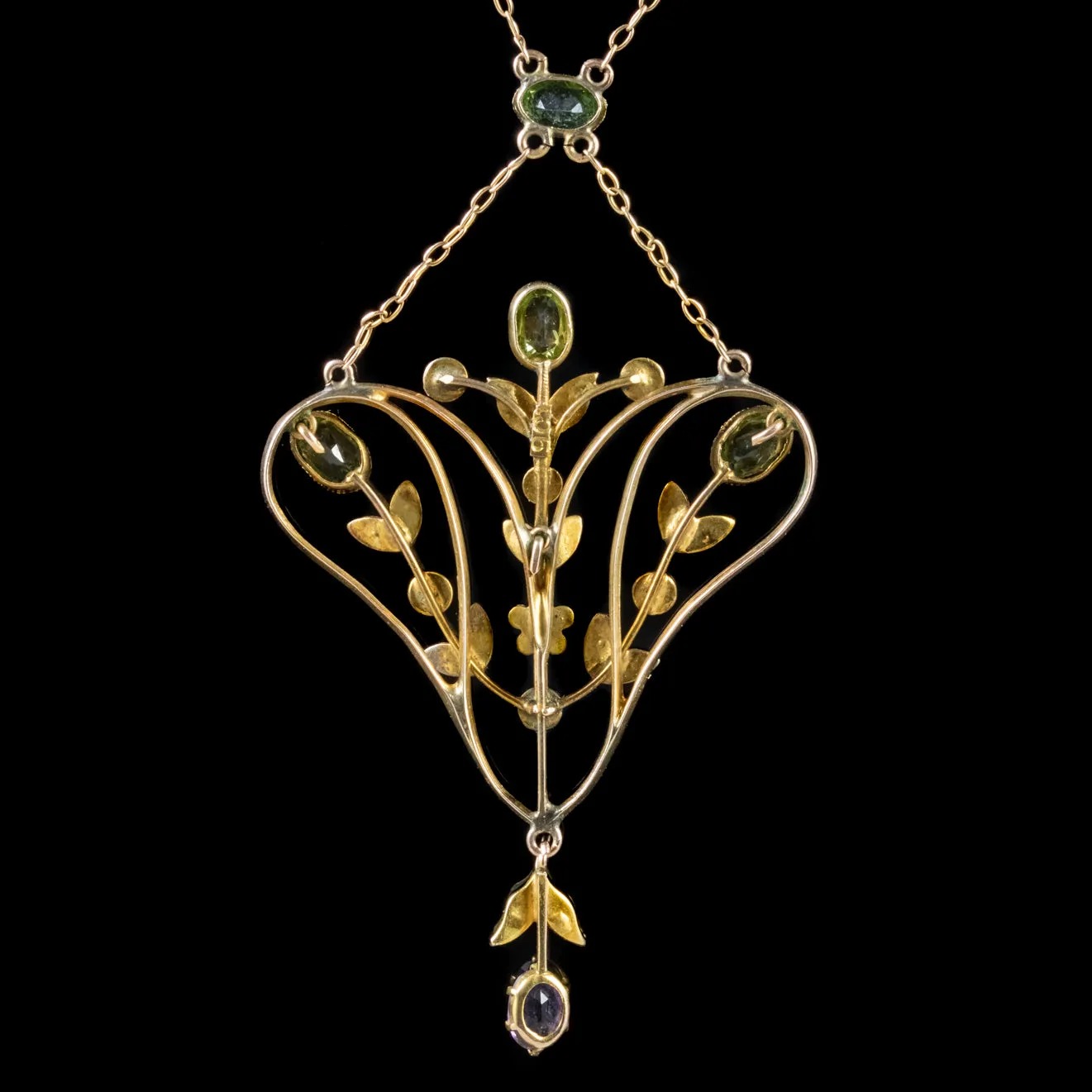Antique Edwardian Floral Suffragette Pendant Lavaliere Necklace 9Ct Gold Circa 1910