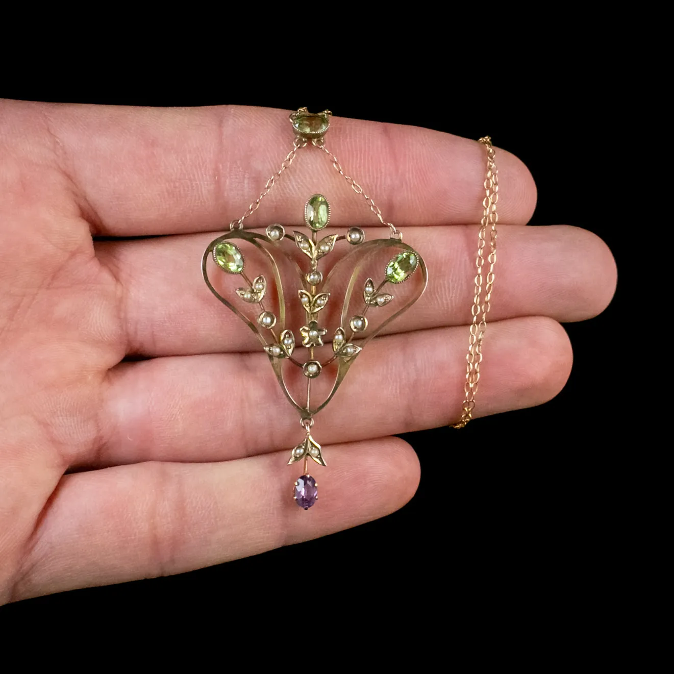 Antique Edwardian Floral Suffragette Pendant Lavaliere Necklace 9Ct Gold Circa 1910