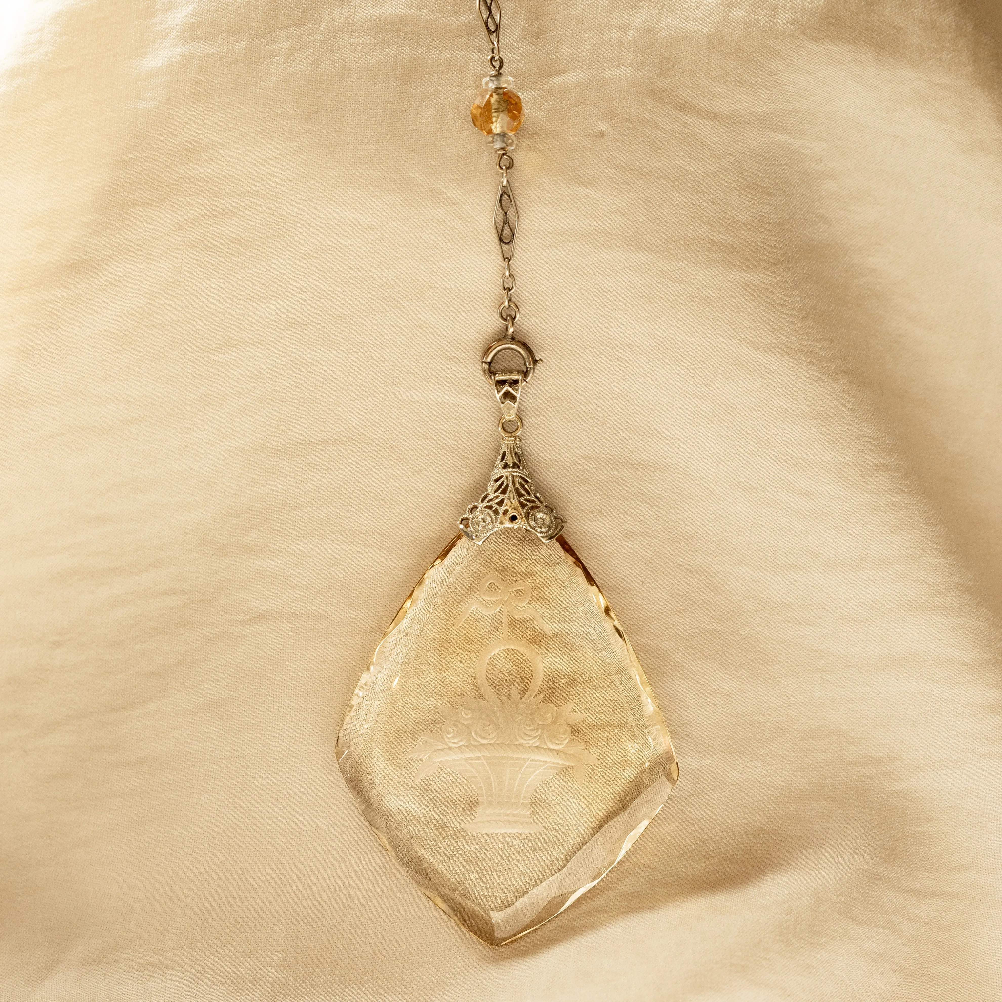 Art Deco 14K White Gold Carved Citrine Pendant Necklace