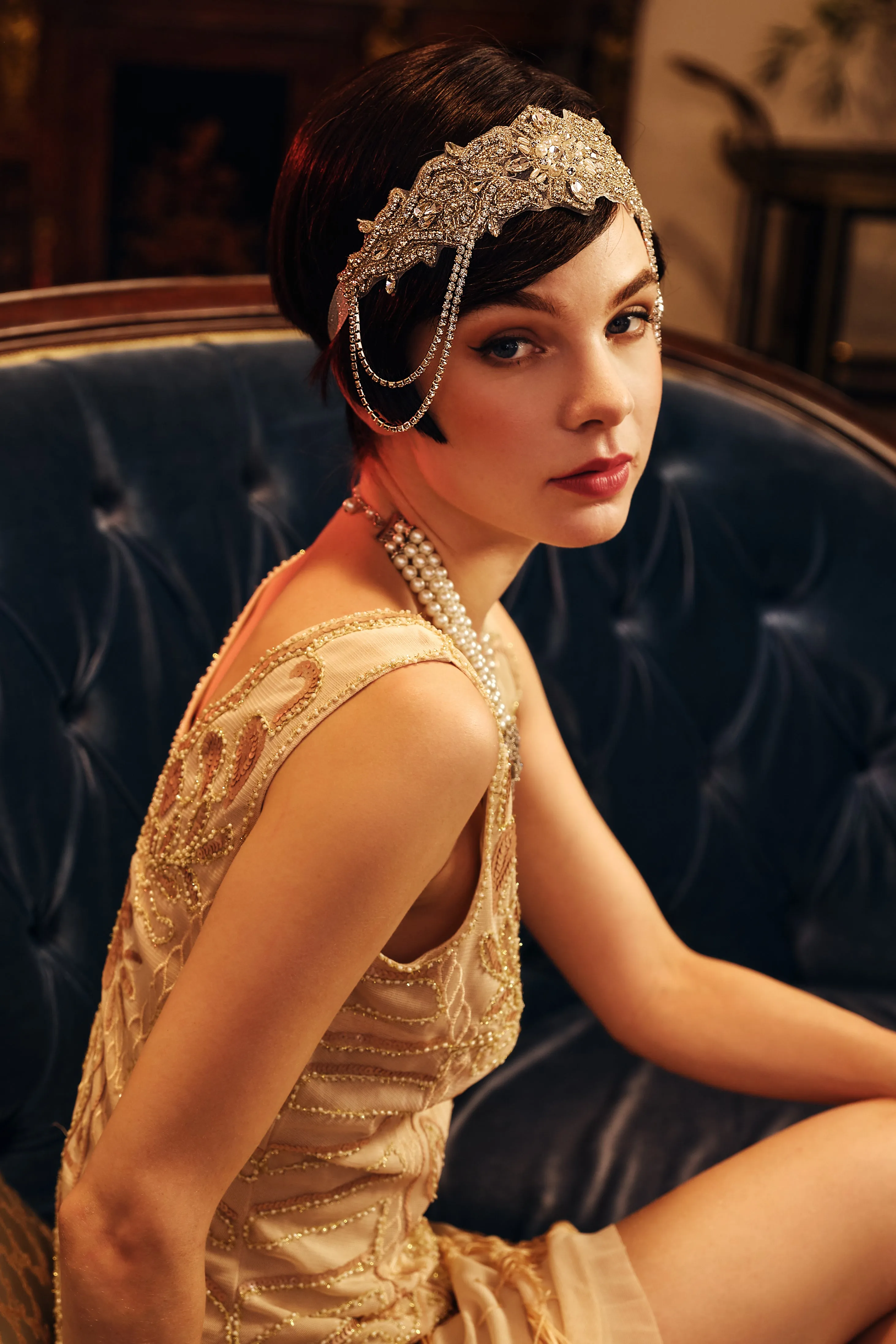 Beaded Rhinestone Dangle Headband