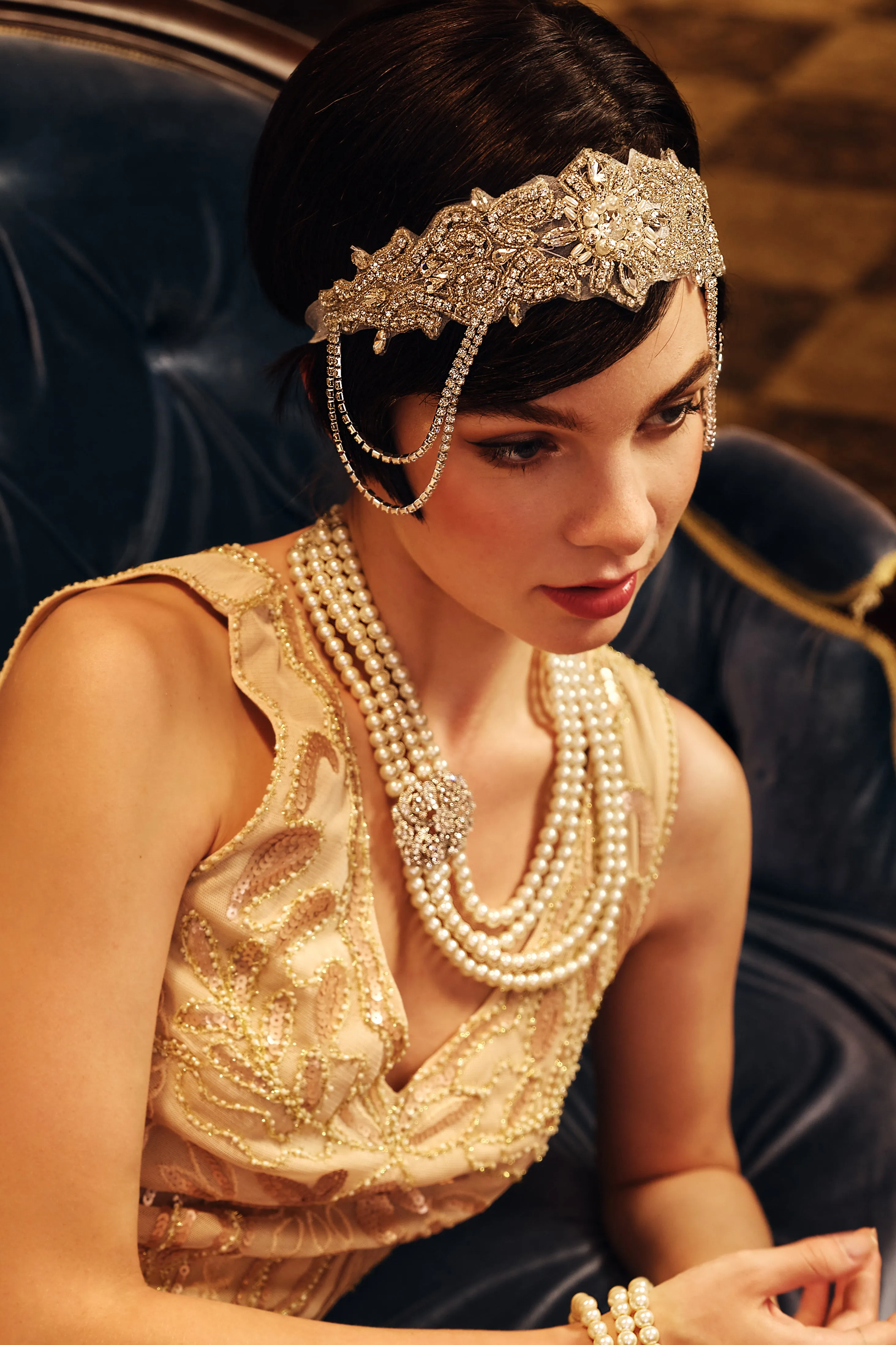 Beaded Rhinestone Dangle Headband