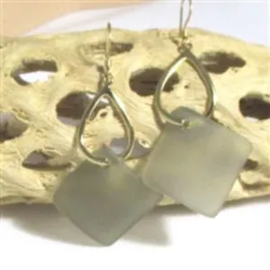 Beige Sea Glass Drop Earrings Gold