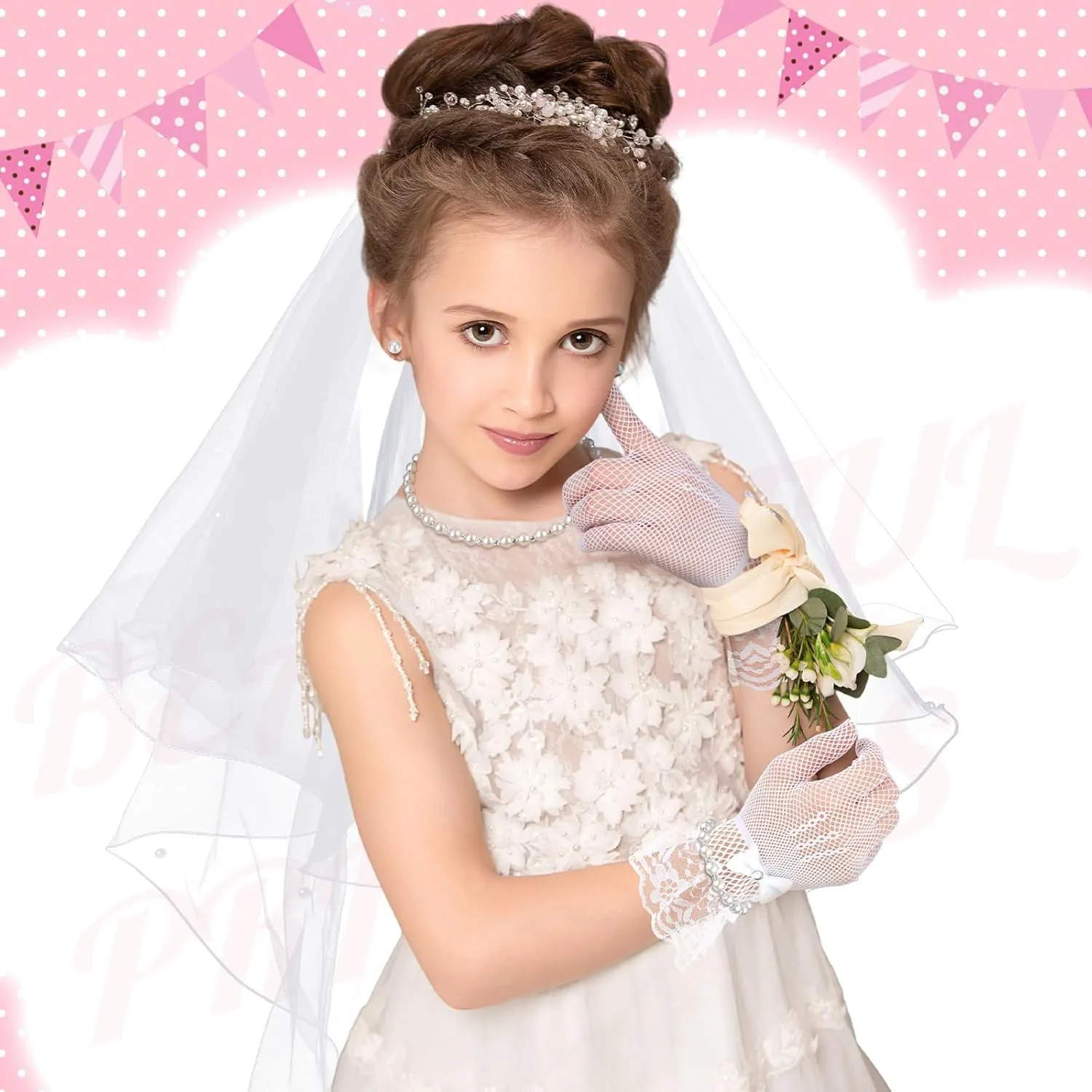 Bencailor 5pcs First Communion Veil Set for Girls Lace Gloves with Hair Comb Pearl Necklace Bracelet Earrings
