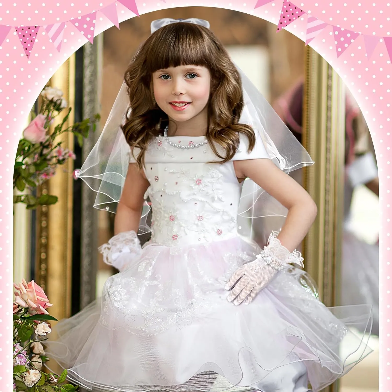 Bencailor 5pcs First Communion Veil Set for Girls Lace Gloves with Hair Comb Pearl Necklace Bracelet Earrings