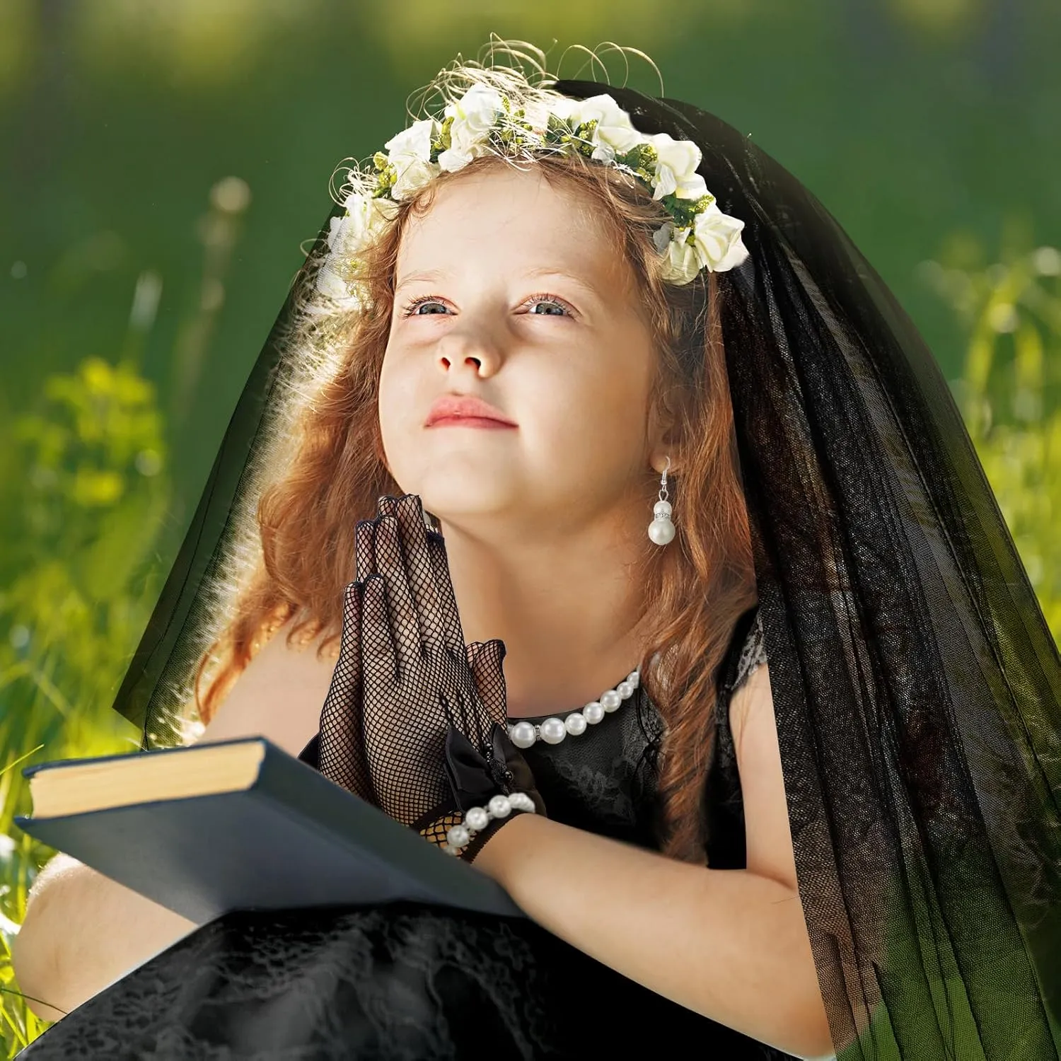Bencailor 5pcs First Communion Veil Set for Girls Lace Gloves with Hair Comb Pearl Necklace Bracelet Earrings