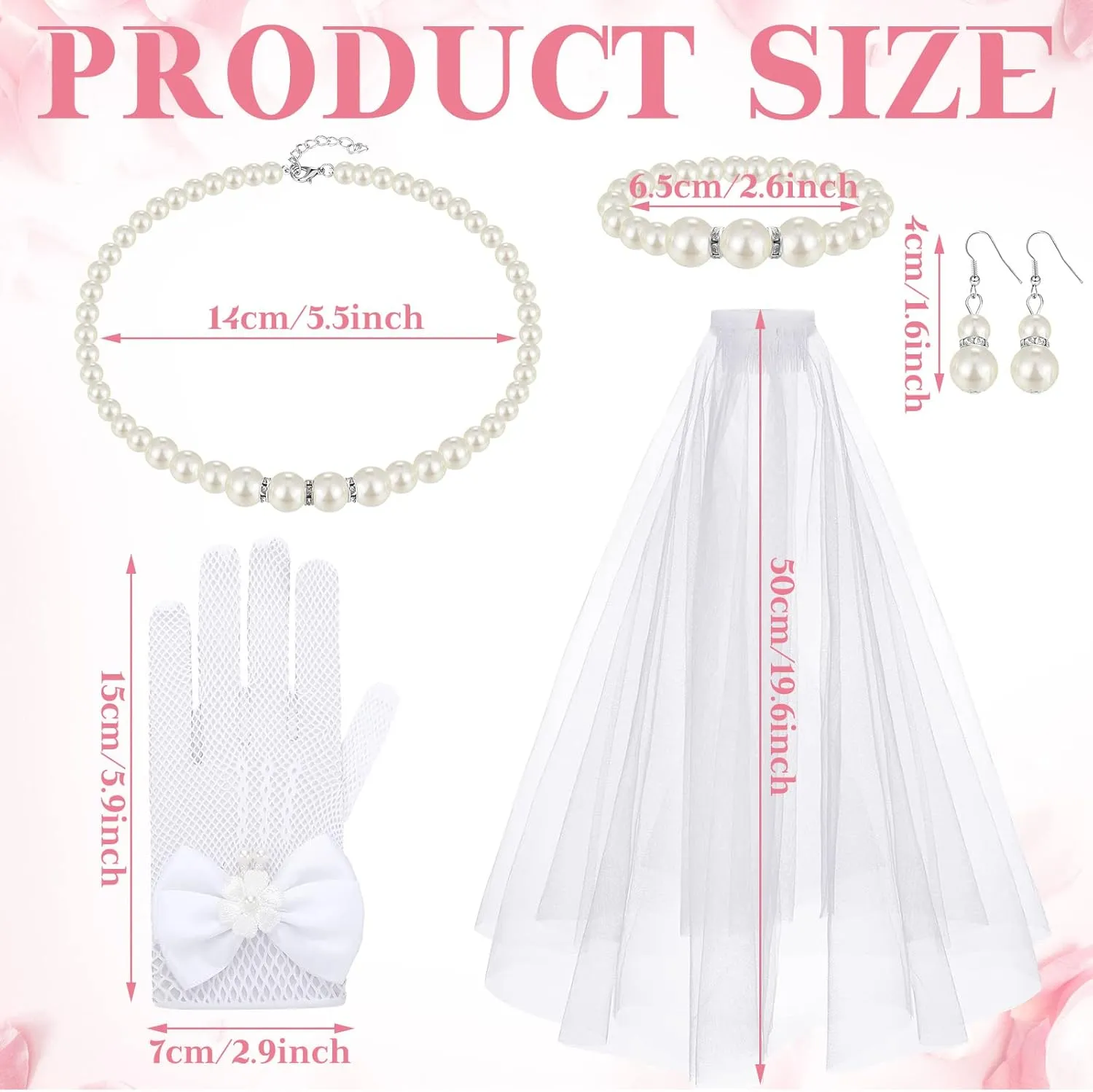 Bencailor 5pcs First Communion Veil Set for Girls Lace Gloves with Hair Comb Pearl Necklace Bracelet Earrings