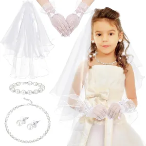 Bencailor 5pcs First Communion Veil Set for Girls Lace Gloves with Hair Comb Pearl Necklace Bracelet Earrings