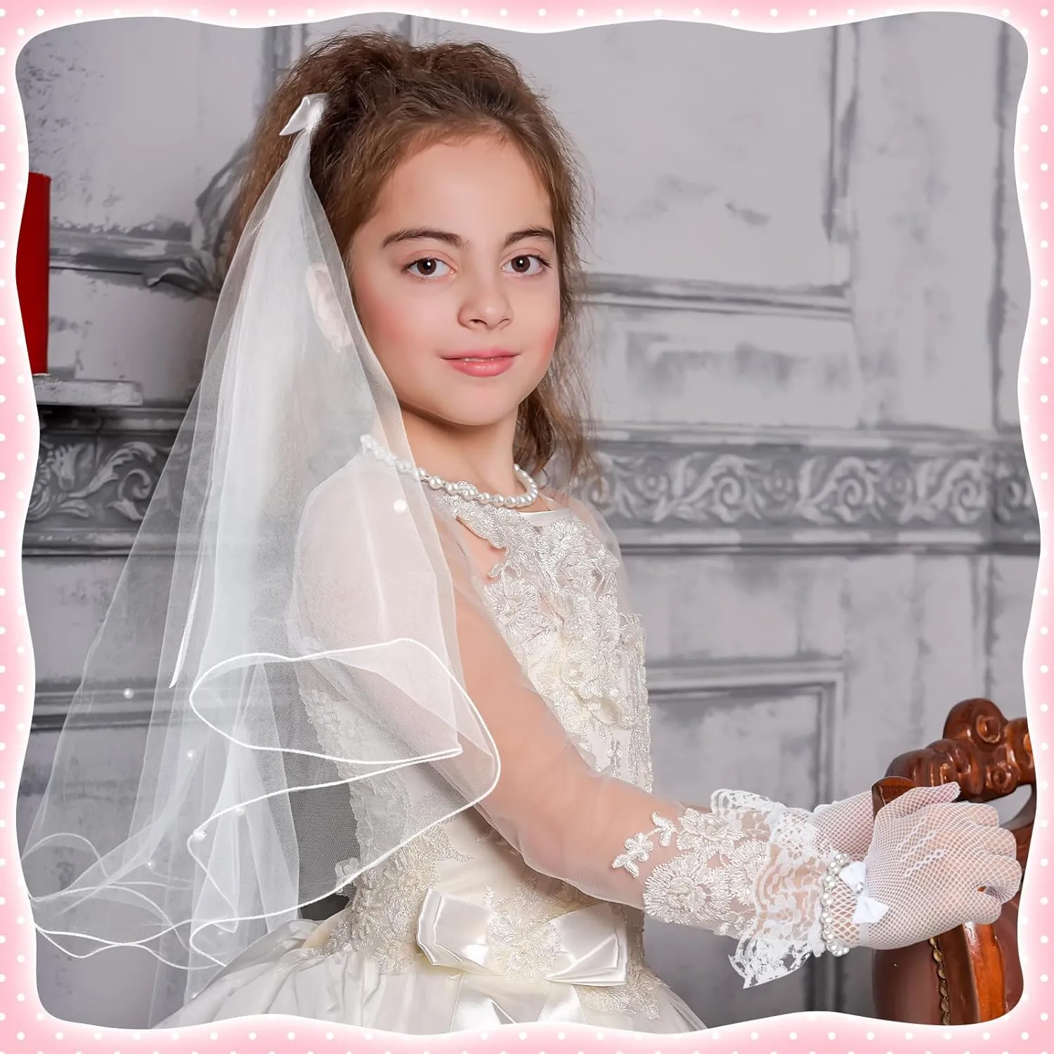 Bencailor 5pcs First Communion Veil Set for Girls Lace Gloves with Hair Comb Pearl Necklace Bracelet Earrings