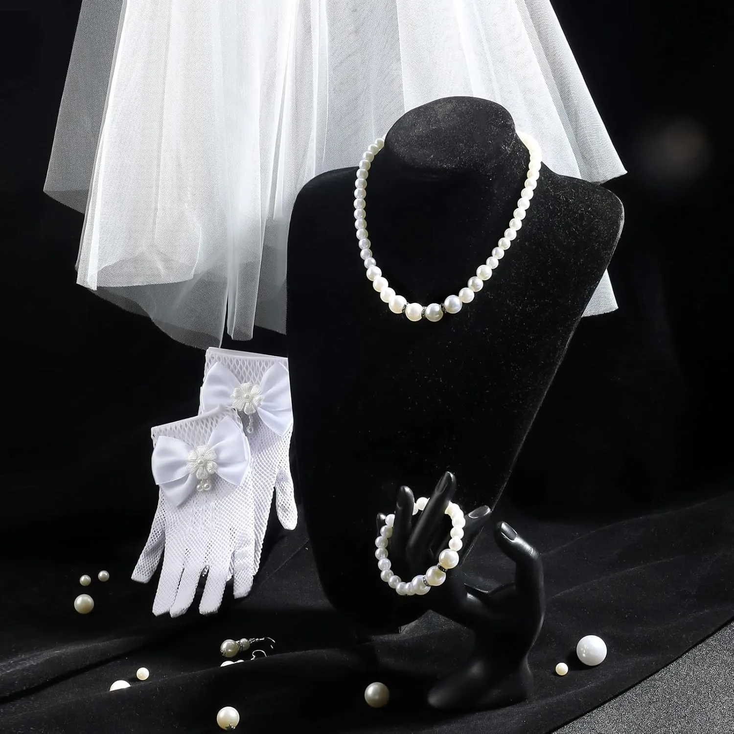 Bencailor 5pcs First Communion Veil Set for Girls Lace Gloves with Hair Comb Pearl Necklace Bracelet Earrings
