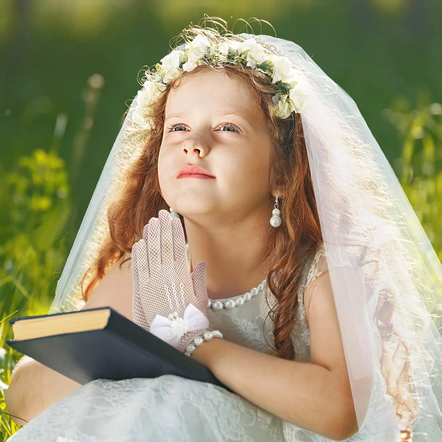 Bencailor 5pcs First Communion Veil Set for Girls Lace Gloves with Hair Comb Pearl Necklace Bracelet Earrings