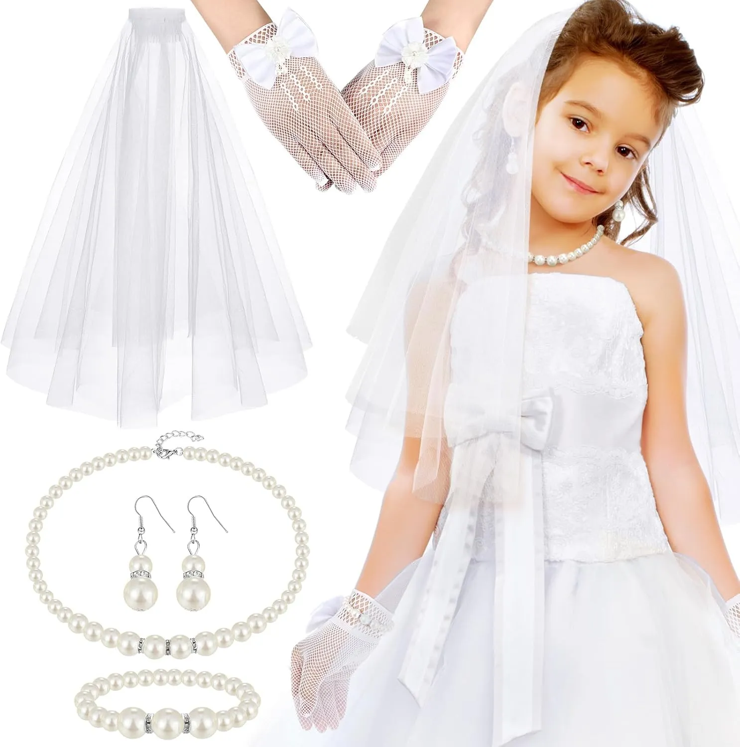 Bencailor 5pcs First Communion Veil Set for Girls Lace Gloves with Hair Comb Pearl Necklace Bracelet Earrings