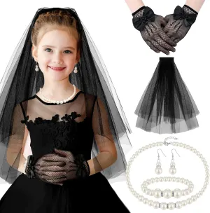 Bencailor 5pcs First Communion Veil Set for Girls Lace Gloves with Hair Comb Pearl Necklace Bracelet Earrings