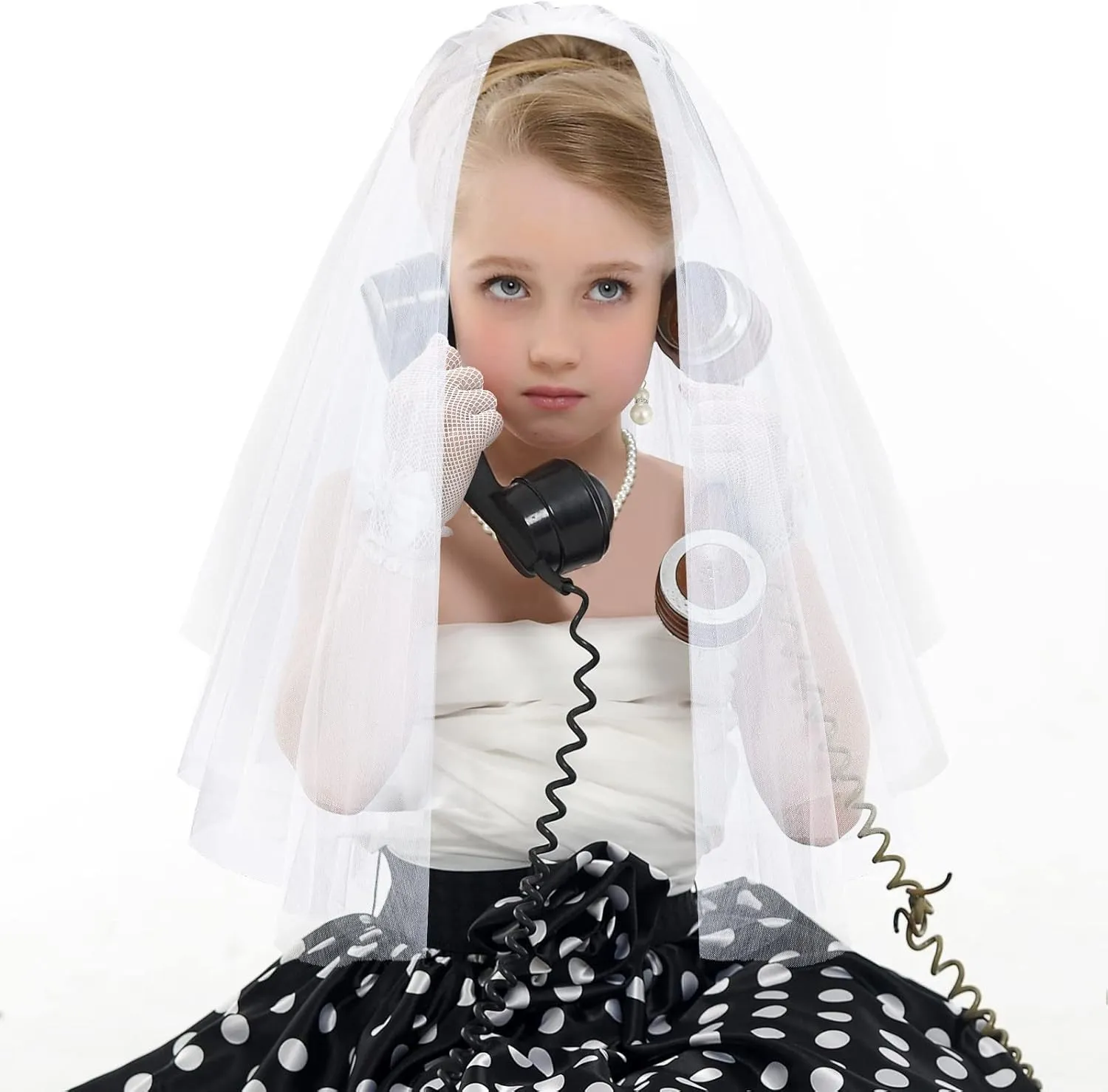 Bencailor 5pcs First Communion Veil Set for Girls Lace Gloves with Hair Comb Pearl Necklace Bracelet Earrings