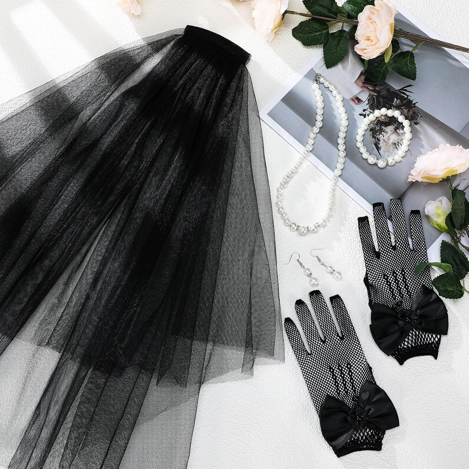Bencailor 5pcs First Communion Veil Set for Girls Lace Gloves with Hair Comb Pearl Necklace Bracelet Earrings