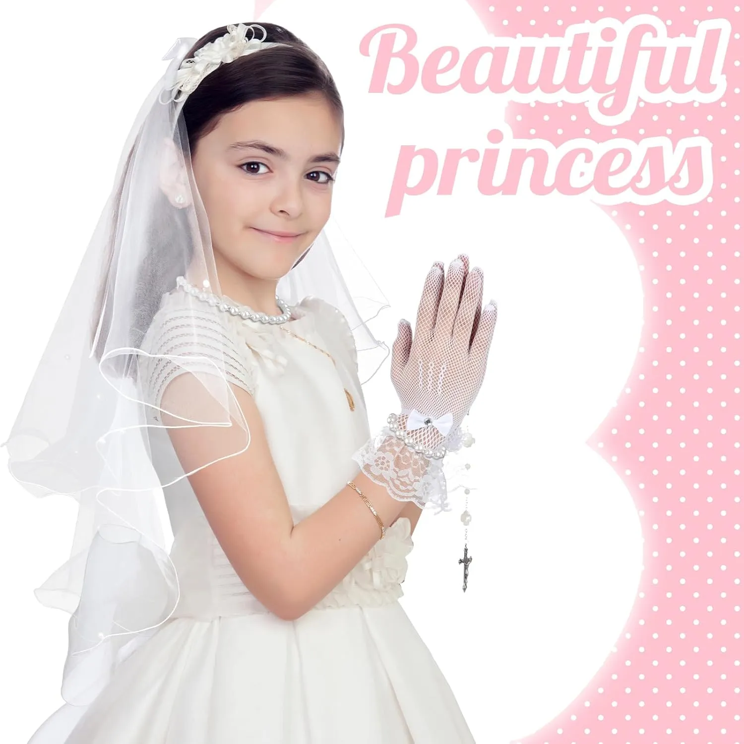 Bencailor 5pcs First Communion Veil Set for Girls Lace Gloves with Hair Comb Pearl Necklace Bracelet Earrings