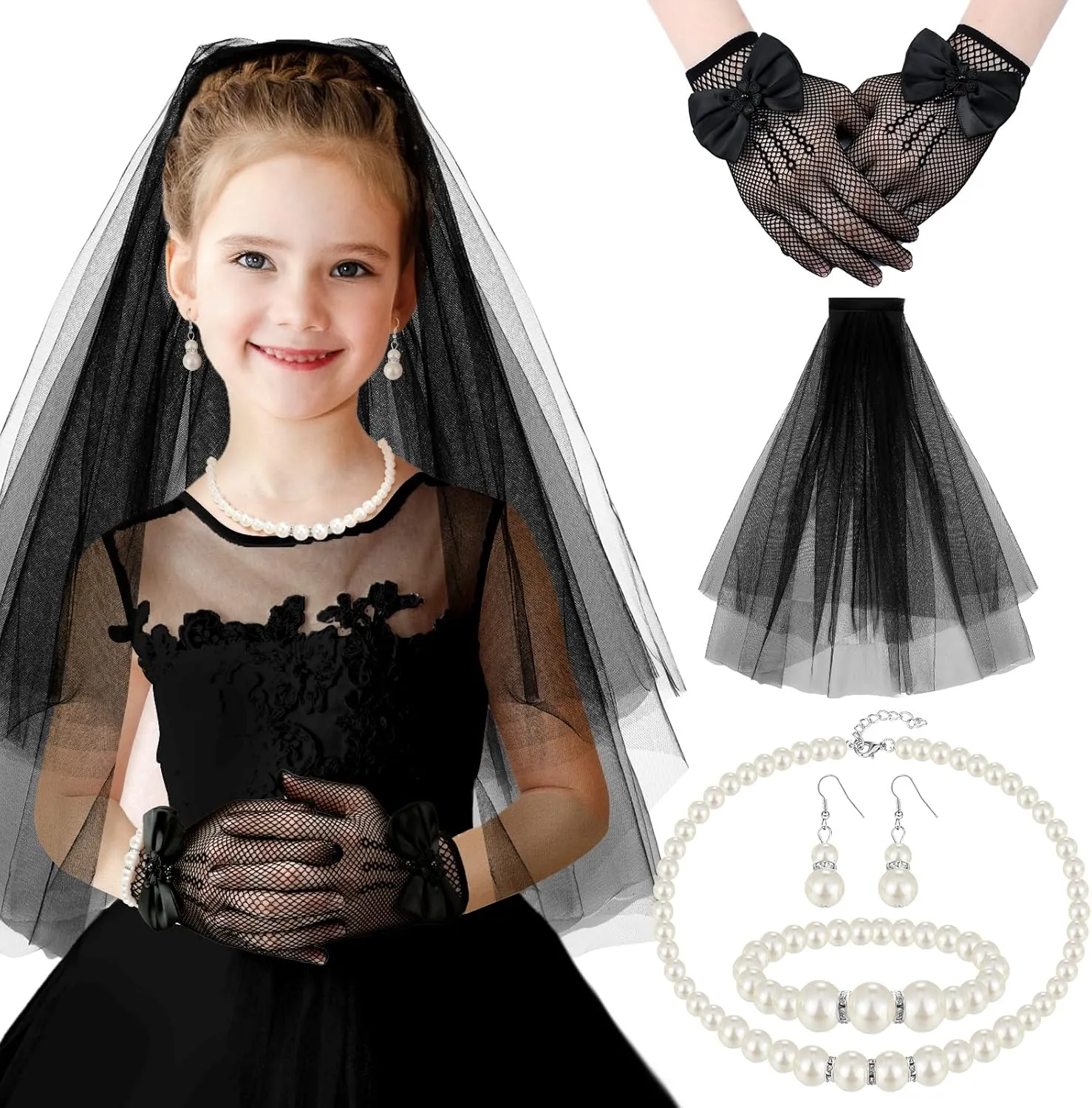 Bencailor 5pcs First Communion Veil Set for Girls Lace Gloves with Hair Comb Pearl Necklace Bracelet Earrings