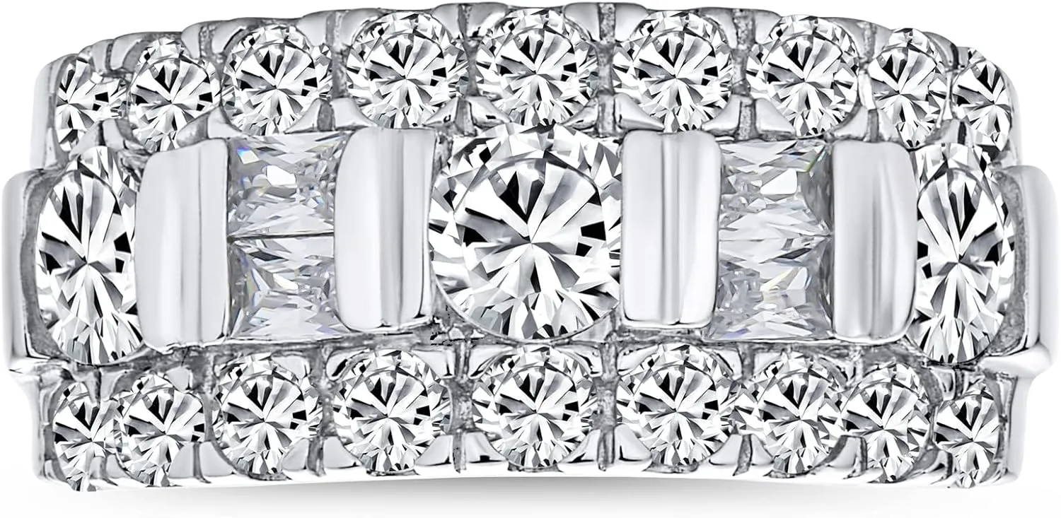 Bling Jewelry Personalize Channel Set AAA CZ Alternating Round Baguette Wide Couples Art Deco Style Art Deco Style Wedding Band Ring For Women .925 Sterling Silver 9MM Custom Engraved
