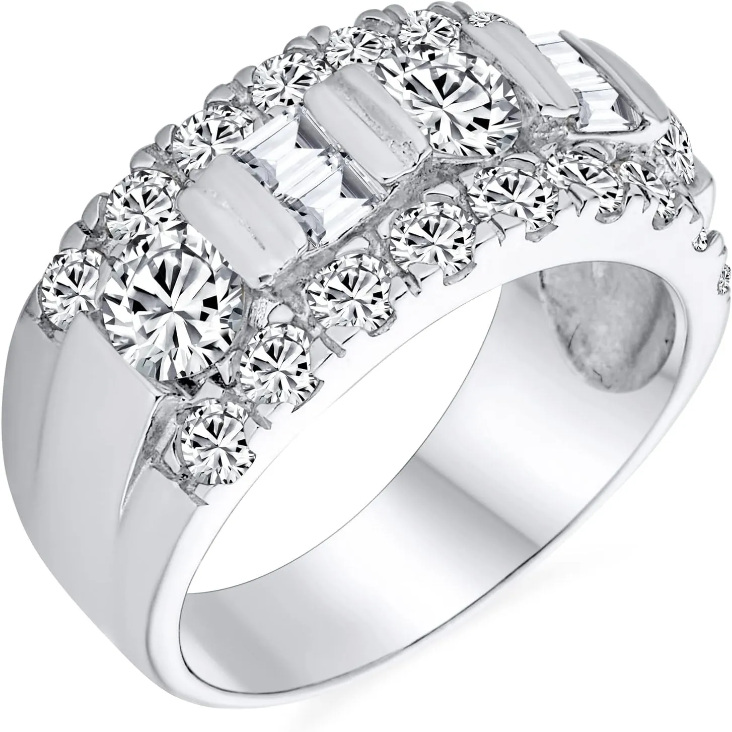 Bling Jewelry Personalize Channel Set AAA CZ Alternating Round Baguette Wide Couples Art Deco Style Art Deco Style Wedding Band Ring For Women .925 Sterling Silver 9MM Custom Engraved