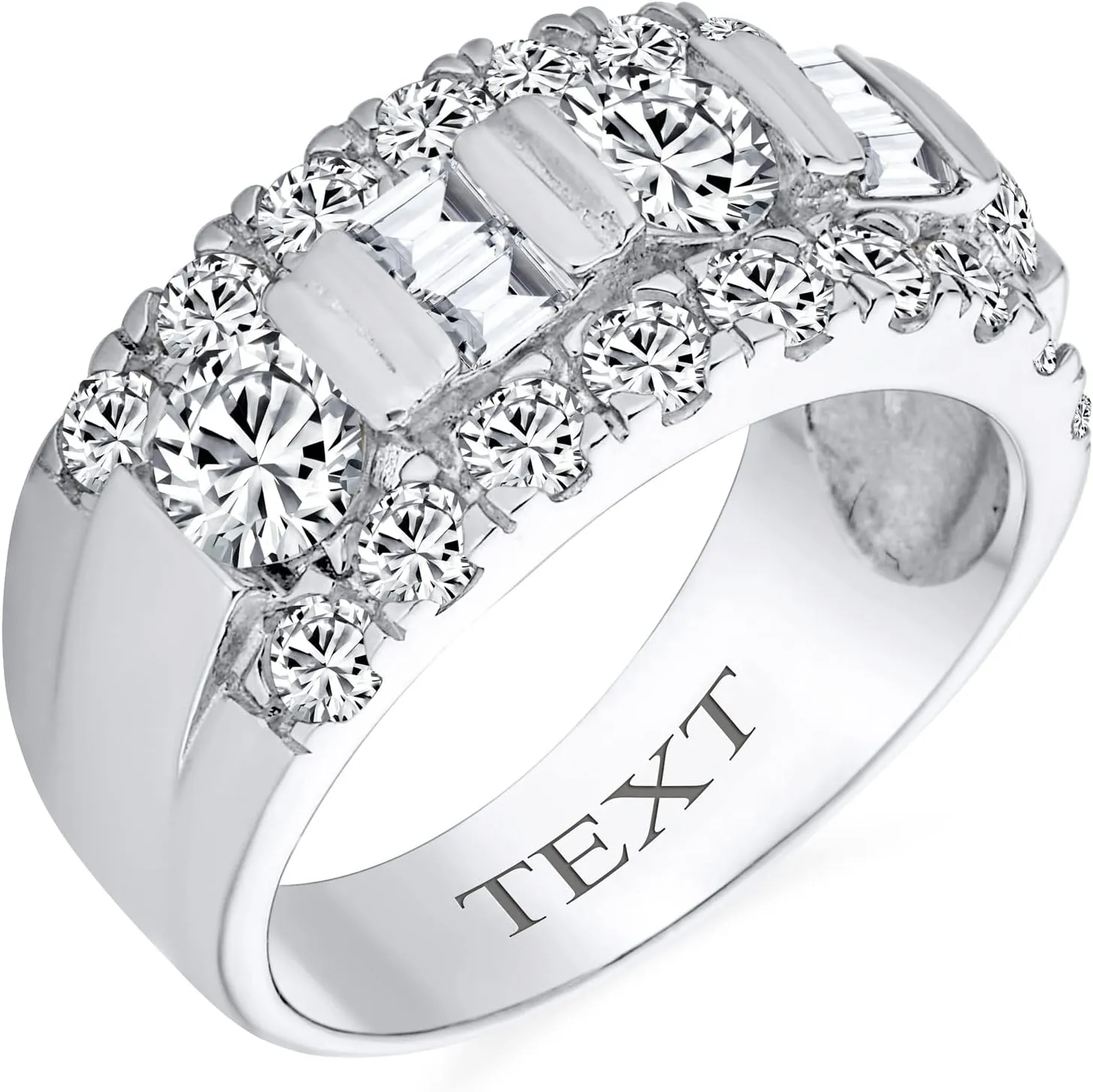 Bling Jewelry Personalize Channel Set AAA CZ Alternating Round Baguette Wide Couples Art Deco Style Art Deco Style Wedding Band Ring For Women .925 Sterling Silver 9MM Custom Engraved