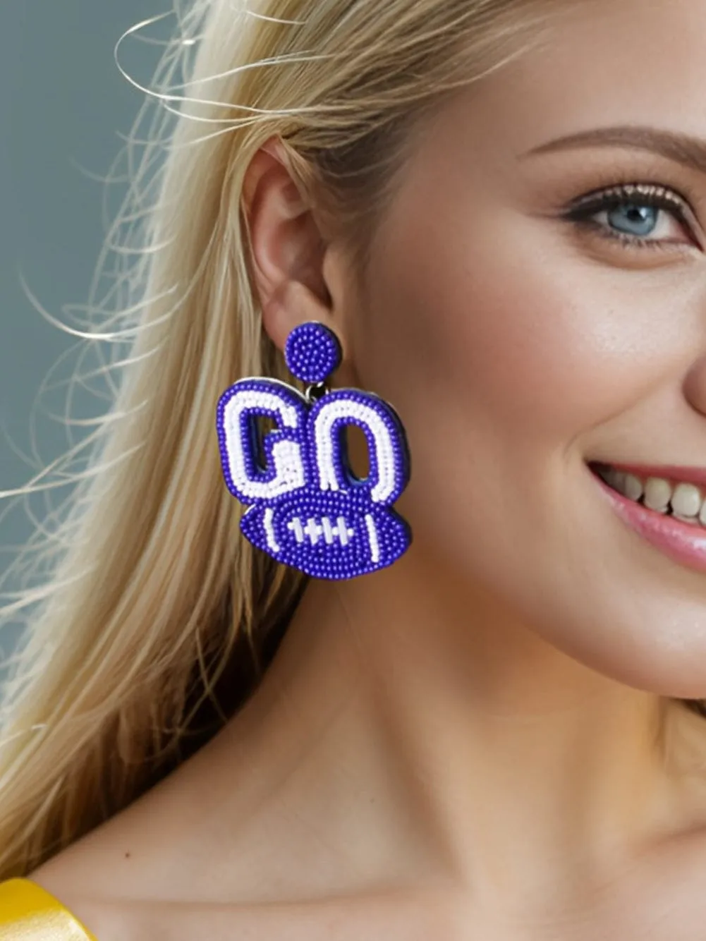 Blue Football Charm Rice Bead Earrings
