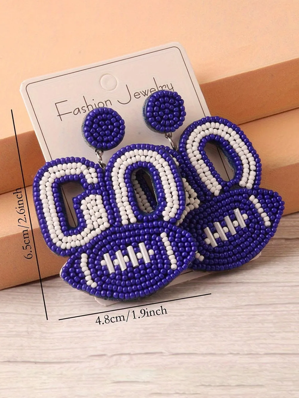 Blue Football Charm Rice Bead Earrings