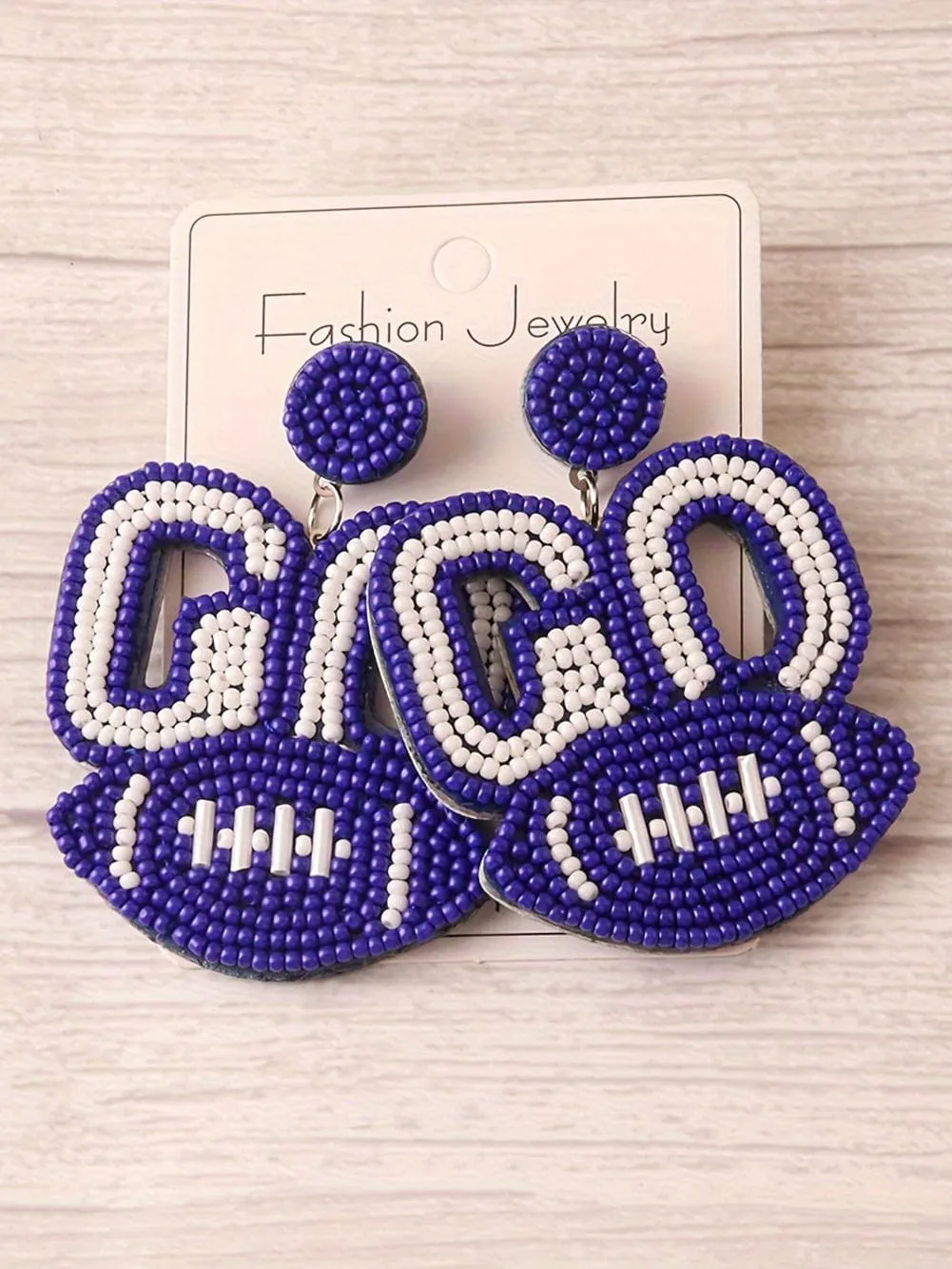 Blue Football Charm Rice Bead Earrings