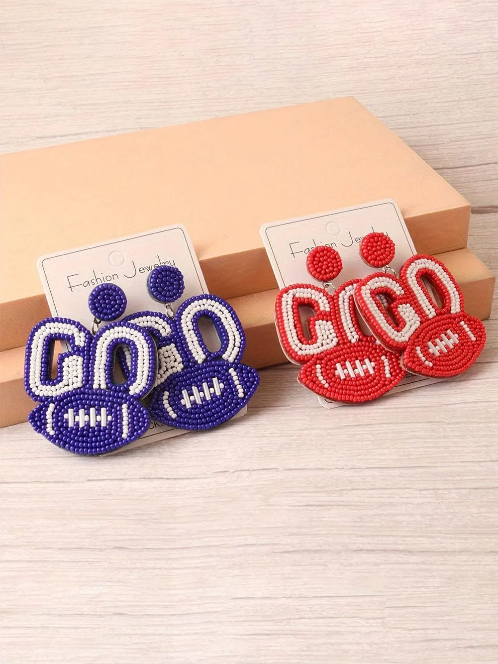 Blue Football Charm Rice Bead Earrings