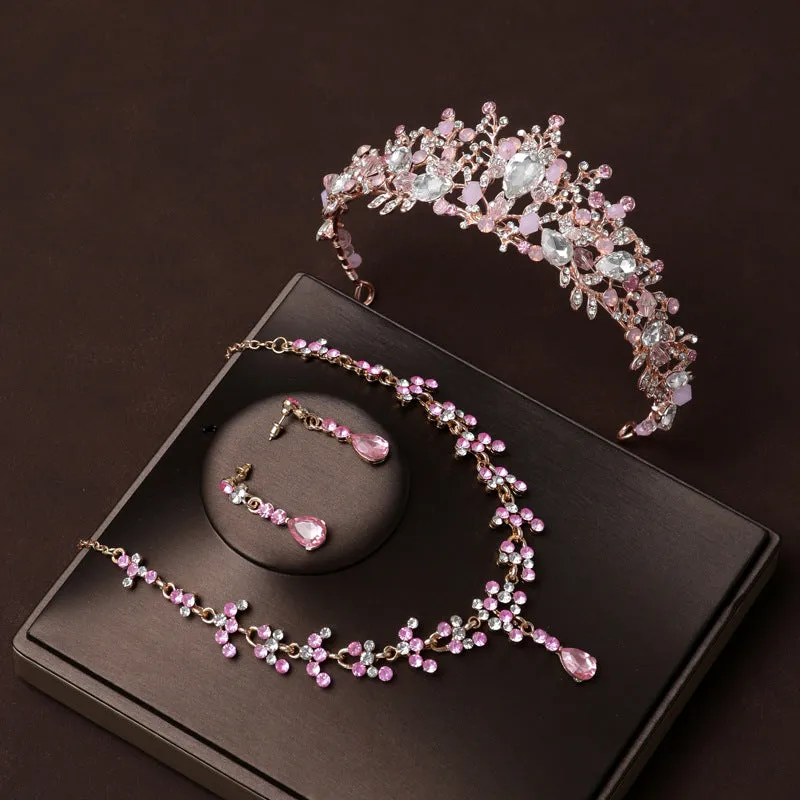 Bridal Crown Pink Necklace Earrings Three-piece Set Handmade Wedding Style Princess Birthday Crown Accessories