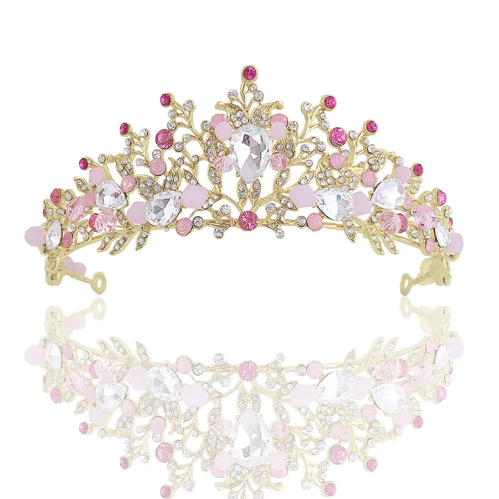 Bridal Crown Pink Necklace Earrings Three-piece Set Handmade Wedding Style Princess Birthday Crown Accessories