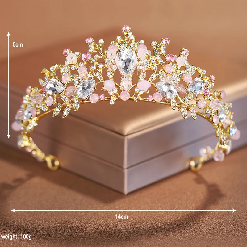 Bridal Crown Pink Necklace Earrings Three-piece Set Handmade Wedding Style Princess Birthday Crown Accessories