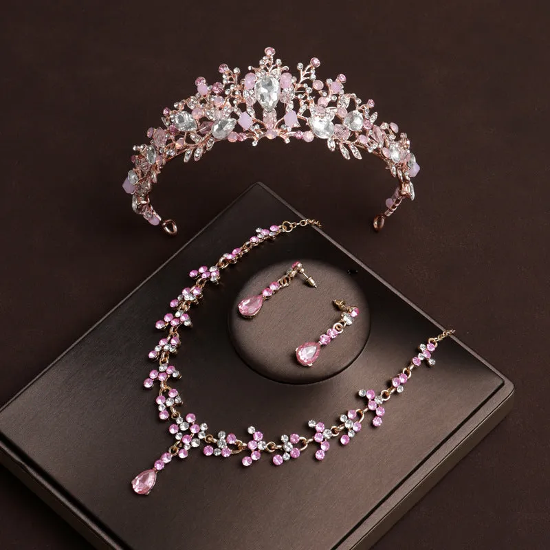 Bridal Crown Pink Necklace Earrings Three-piece Set Handmade Wedding Style Princess Birthday Crown Accessories