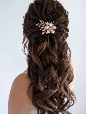 Bridal Hair Comb Gold-Tone Flower Decor Elegant Women Headpiece For Wedding Bride Bridesmaid