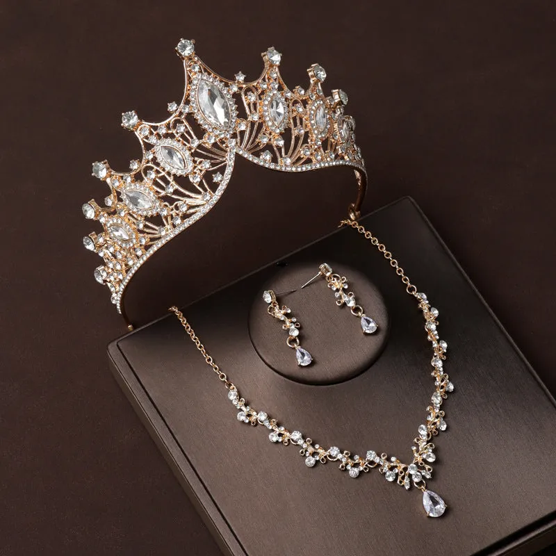 Champagne gold European and American retro atmospheric crown wedding dress bridal tiara dress necklace three-piece set of accessories
