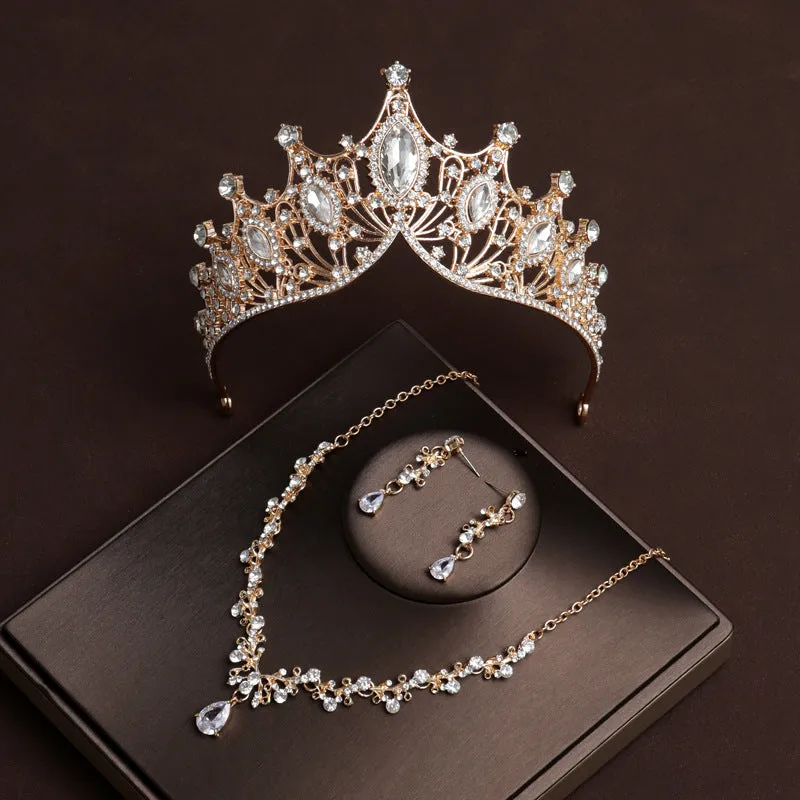 Champagne gold European and American retro atmospheric crown wedding dress bridal tiara dress necklace three-piece set of accessories