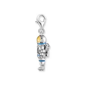 Charm pendant astronaut with stones and cold enamel silver blackened