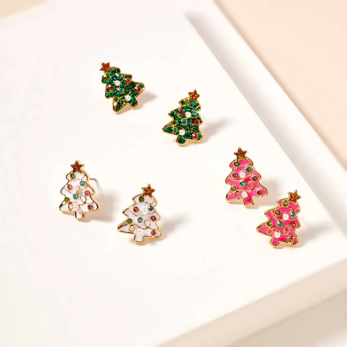 Christmas Tree Stud Earrings - White
