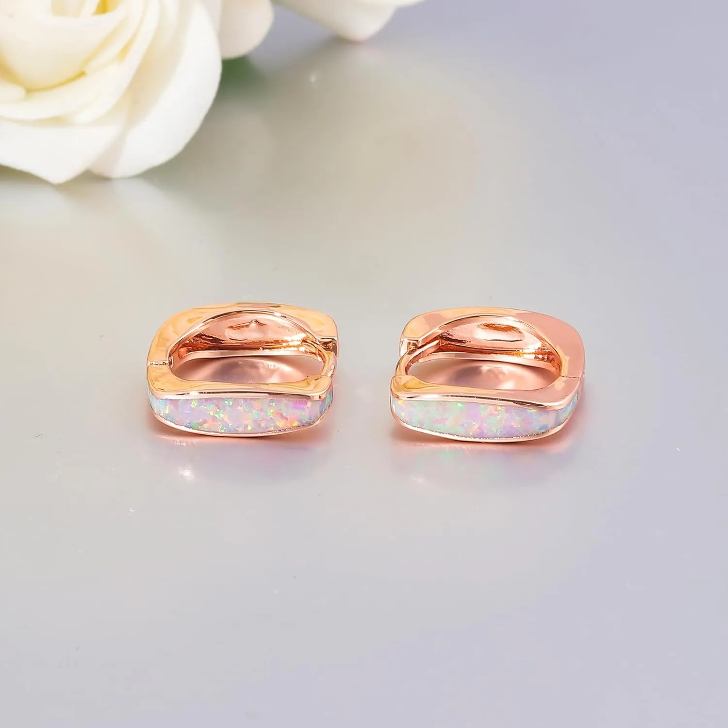 CiNily Huggie Hoop Earrings for Women Hypoallergenic, Square Opal Hinged Hoop Earrings, 14K Gold Plated Chunky Gold Hoop Earrings for Sensitive Ears Lightweight Jewelry for Christmas Gifts