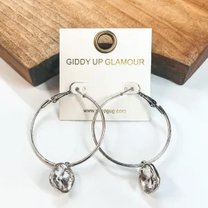 Circle Drop Earrings with Clear Hanging Crystal in Silver