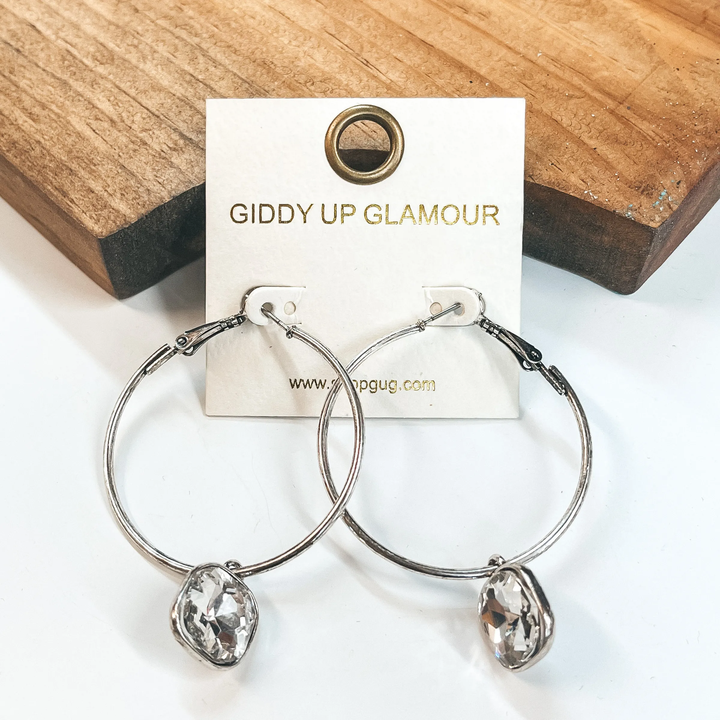 Circle Drop Earrings with Clear Hanging Crystal in Silver
